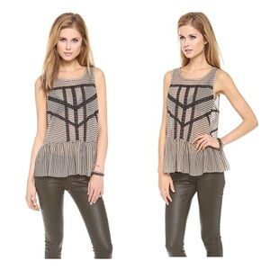 Free People Lace & Stripe Peplum Top in Black & Toasted Almond